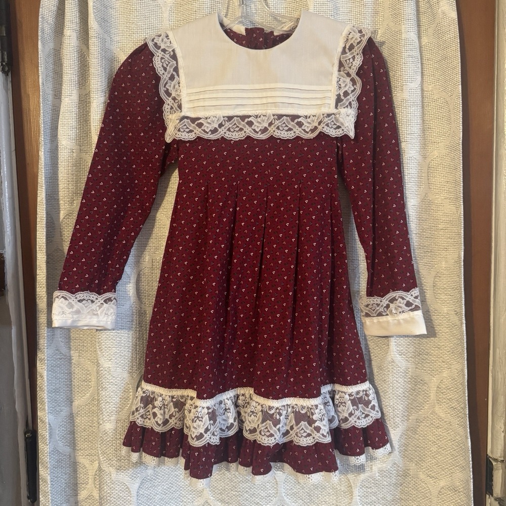 Vintage 90s Dress Girls Size 6/8 Floral Ruffled Lace Prairie Handmade Christmas‎
